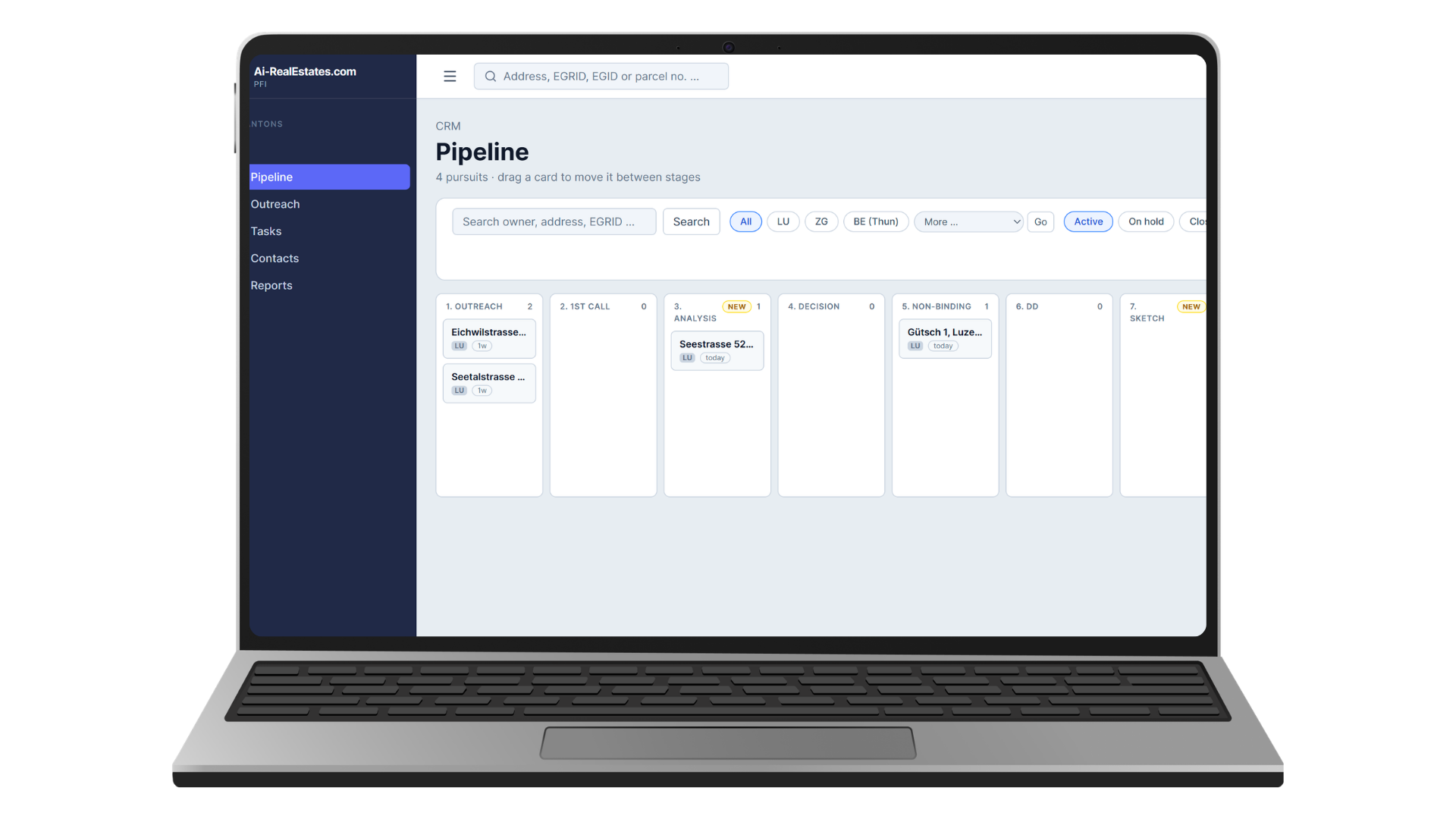 CRM pipeline board with pursuits across acquisition stages
